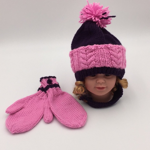 Hand Knit Girls Winter Hat + Pair of Mittens Pink Purple - Picture 10 of 13